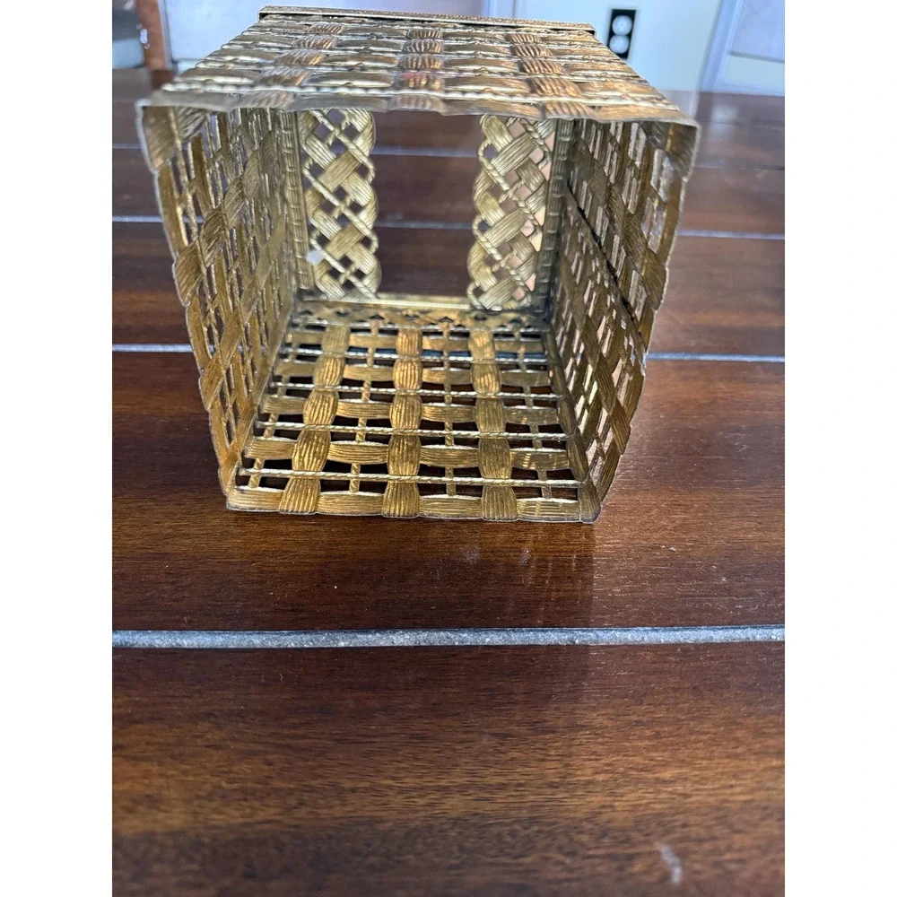 Hollywood Regency Vintage Square Tissue Box Cover Brass Metal Basket Weave